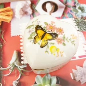 Vintage Porcelain Butterfly & Floral Heart Shaped Candle Holder